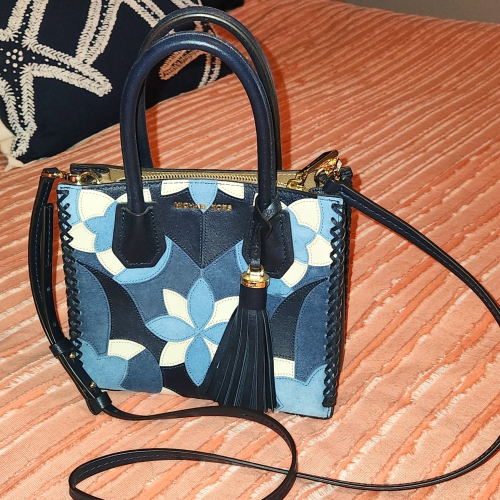 MICHAEL KORS BLUE SUEDE LEATHER FLORAL MERCER BAG NWOT